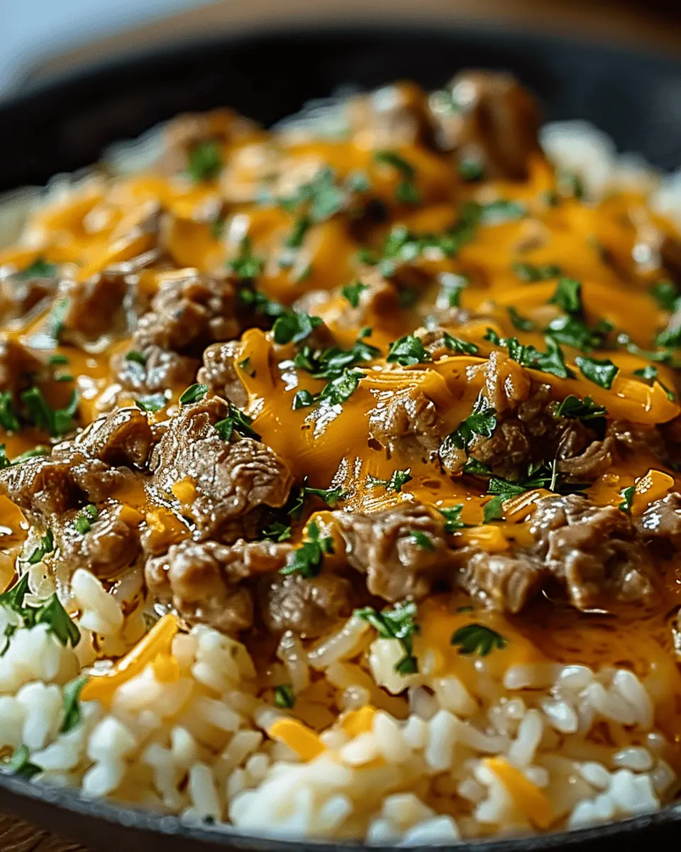 Garlic Butter Beef and Rice Skillet: Indulgent Cheddar Parmesan Delight