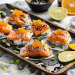 Spicy Citrus Tamari Salmon on Rice Paper Chips