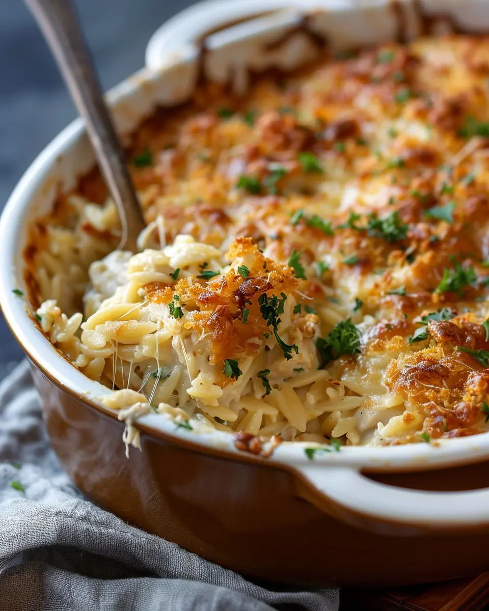 French Onion Chicken Orzo Casserole with Turkey Bacon Delight