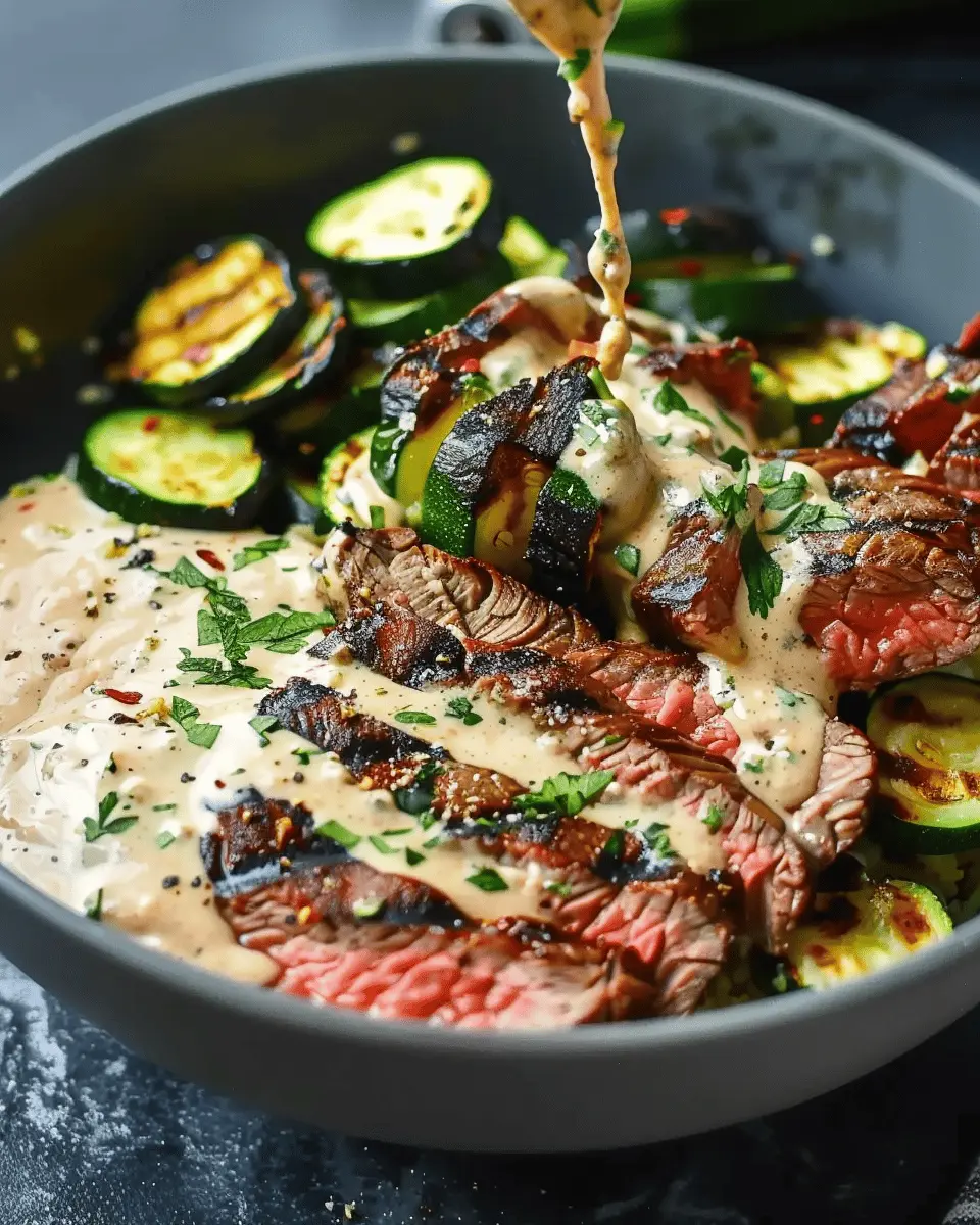 Grilled Steak Bowl: Indulgent Creamy Sauce &amp; Grilled Zucchini Recipe