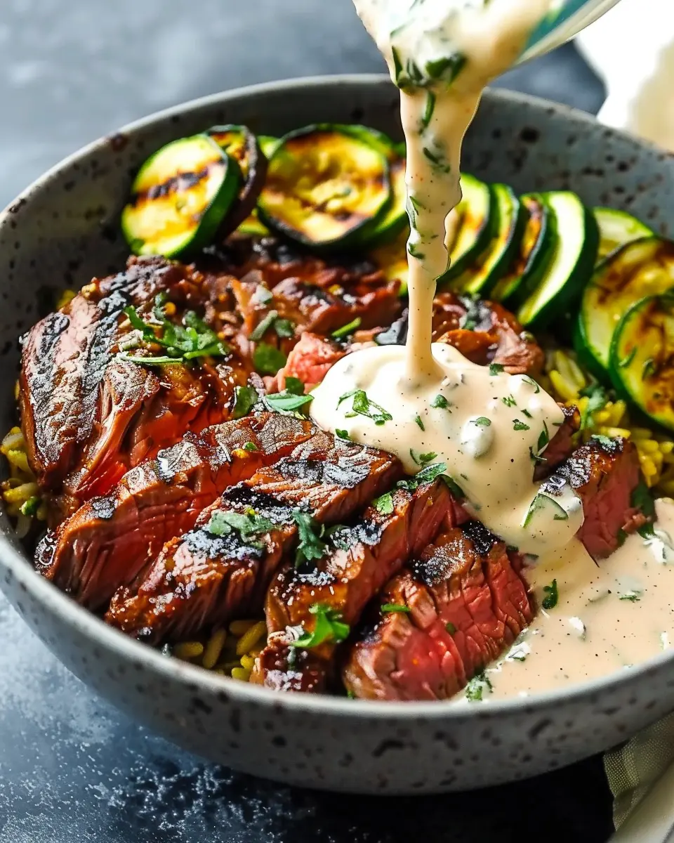 Grilled Steak Bowl: Easy Recipe with Creamy Sauce &amp; Grilled Zucchini