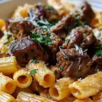 Cajun Steak Tips in Cheesy Rigatoni Parmesan Sauce