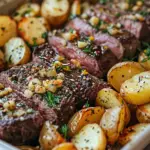 Garlic Butter Steak & Cheddar Potato Bake