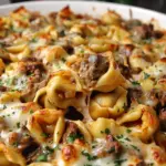 Golden Cheese Steak Tortellini Casserole